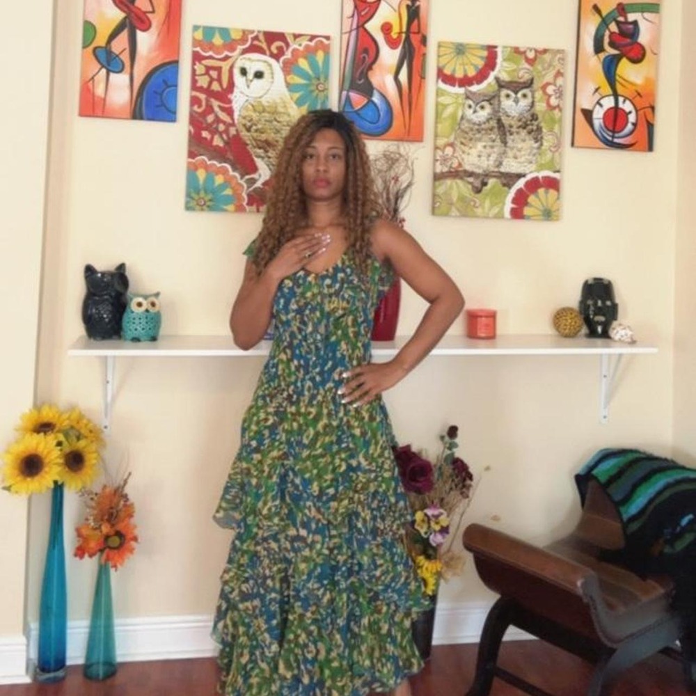 Robbie Bee Maxi Dress Women's Size 8 Ruffle Green Blue Abstract Print Tiered